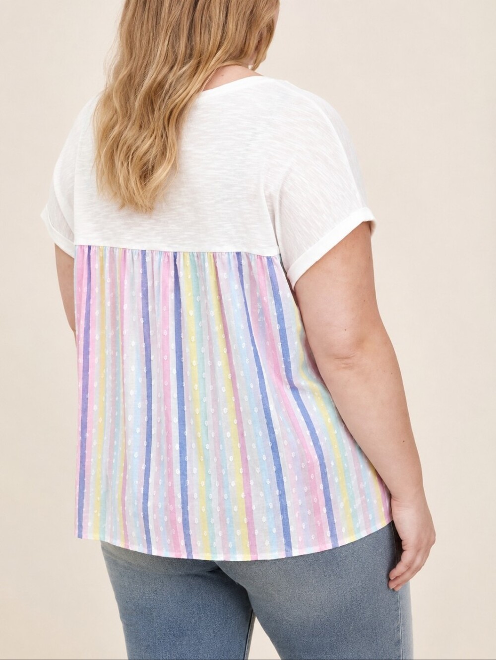 Torrid White Mixed Media Pastel Stripe Back Tee 3X NWT 100% Cotton